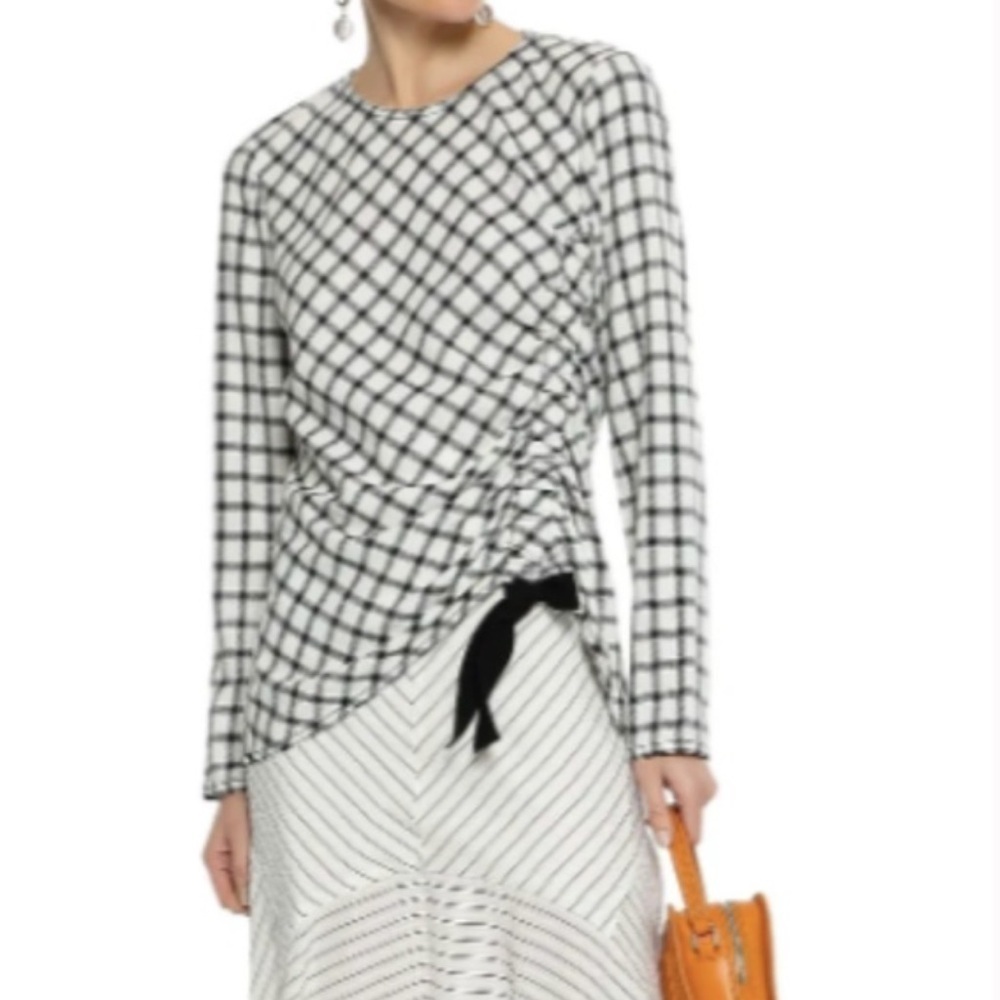 Derek Lam Asymmetric Ruched Wool Blend Crepe Check Top Size 0